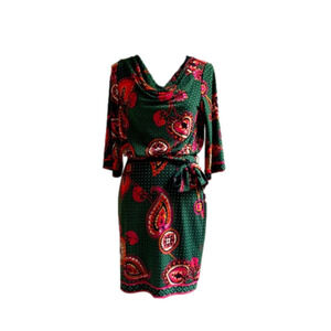 Trina Turk Paisley Cowl Neck Belted Hunter Green Dress